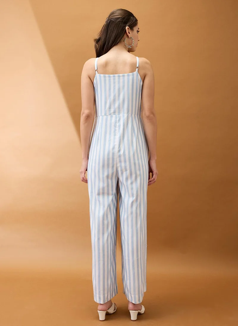 globus Blue Globus Women Blue Striped V-Neck Shoulder Strap Embroidered Detail Wide Leg Fusion Jumpsuit for Women | Best Price UAE